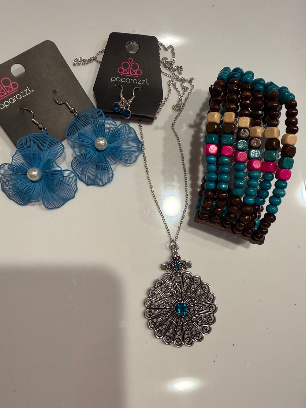 paparazzi Turquoise Blue Floral Earrings and Filigree Pendant Necklace Set